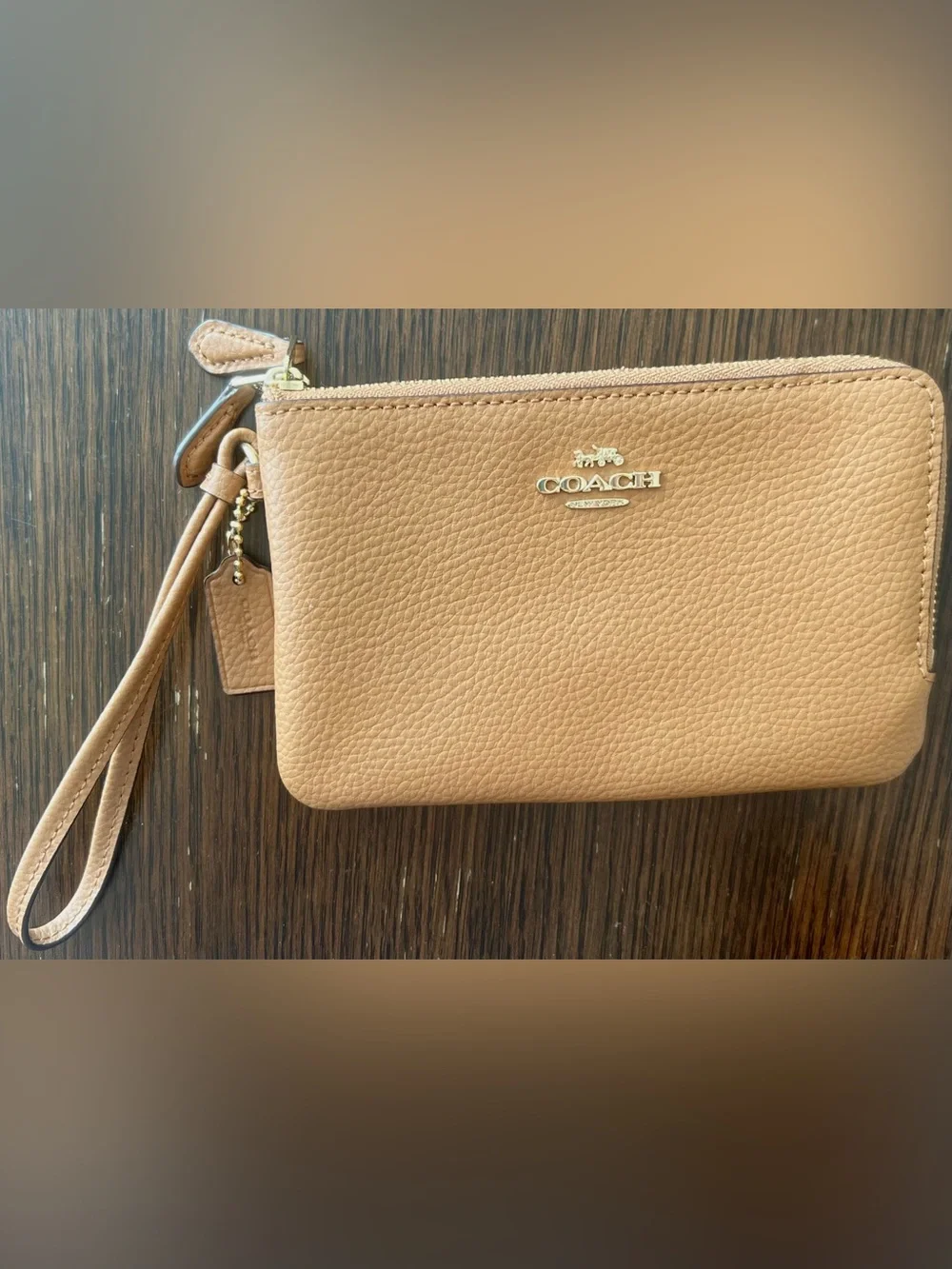 Coach F87590 Pebble Leather Double Zip Wristlet Wallet Camel EUC
